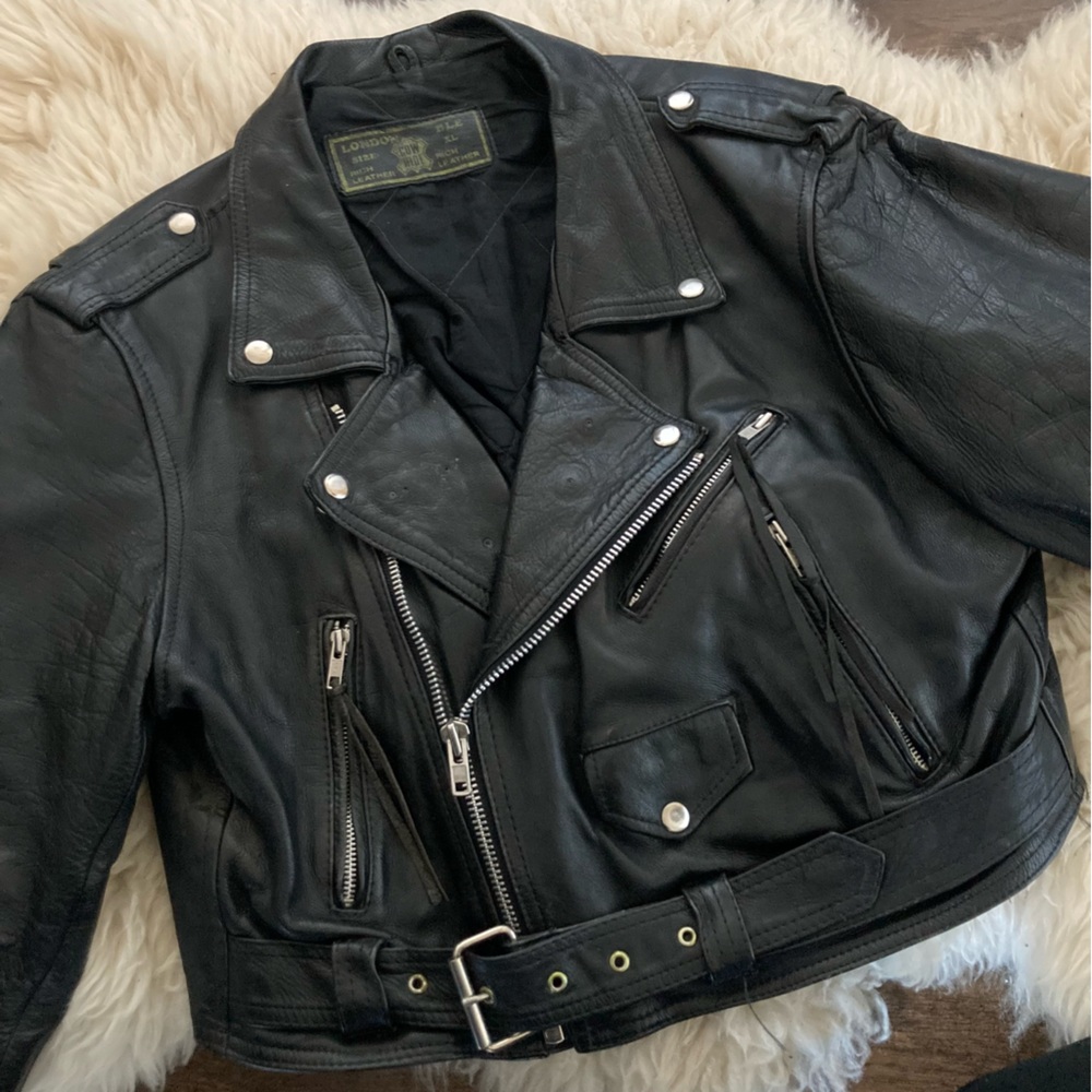 Vintage 80’s Distressed LONDON BLE Black Leather Cropped Motorcycle Jacket Sz XL - Picture 7 of 12